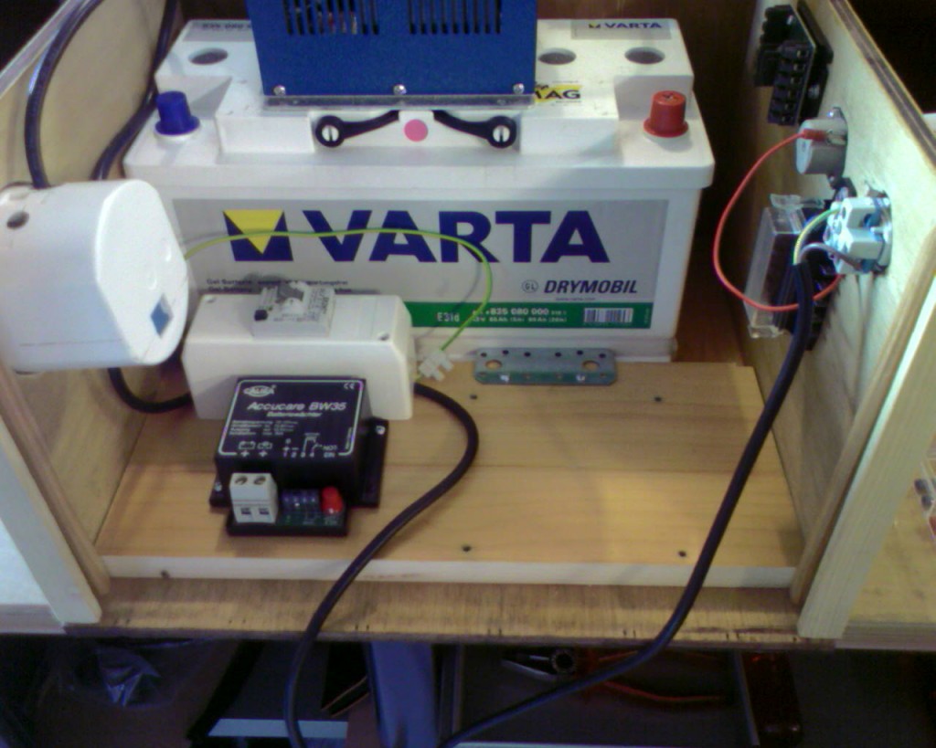 FI-Schalter, Batteriewächter, Halter für Batterie, Plus- und Minusverteiler, 230V- und 12V-Dose.